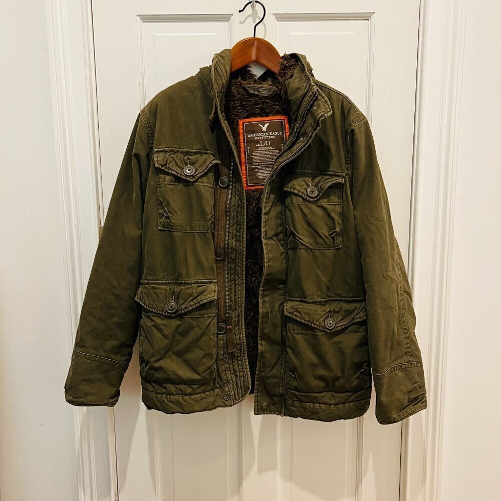 Y2K Green American Eagle Military Parka Winter Coat Mens Small Heavyweight Lined - Picture 5 of 16